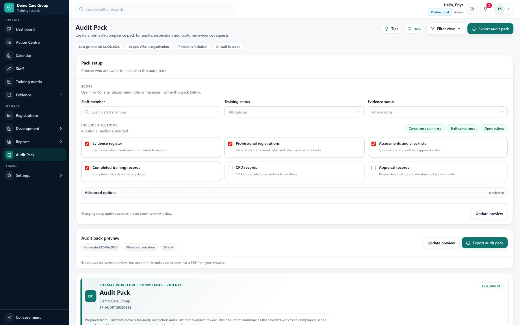 SkillProof Audit Pack preview showing staff summary, included sections and export options.