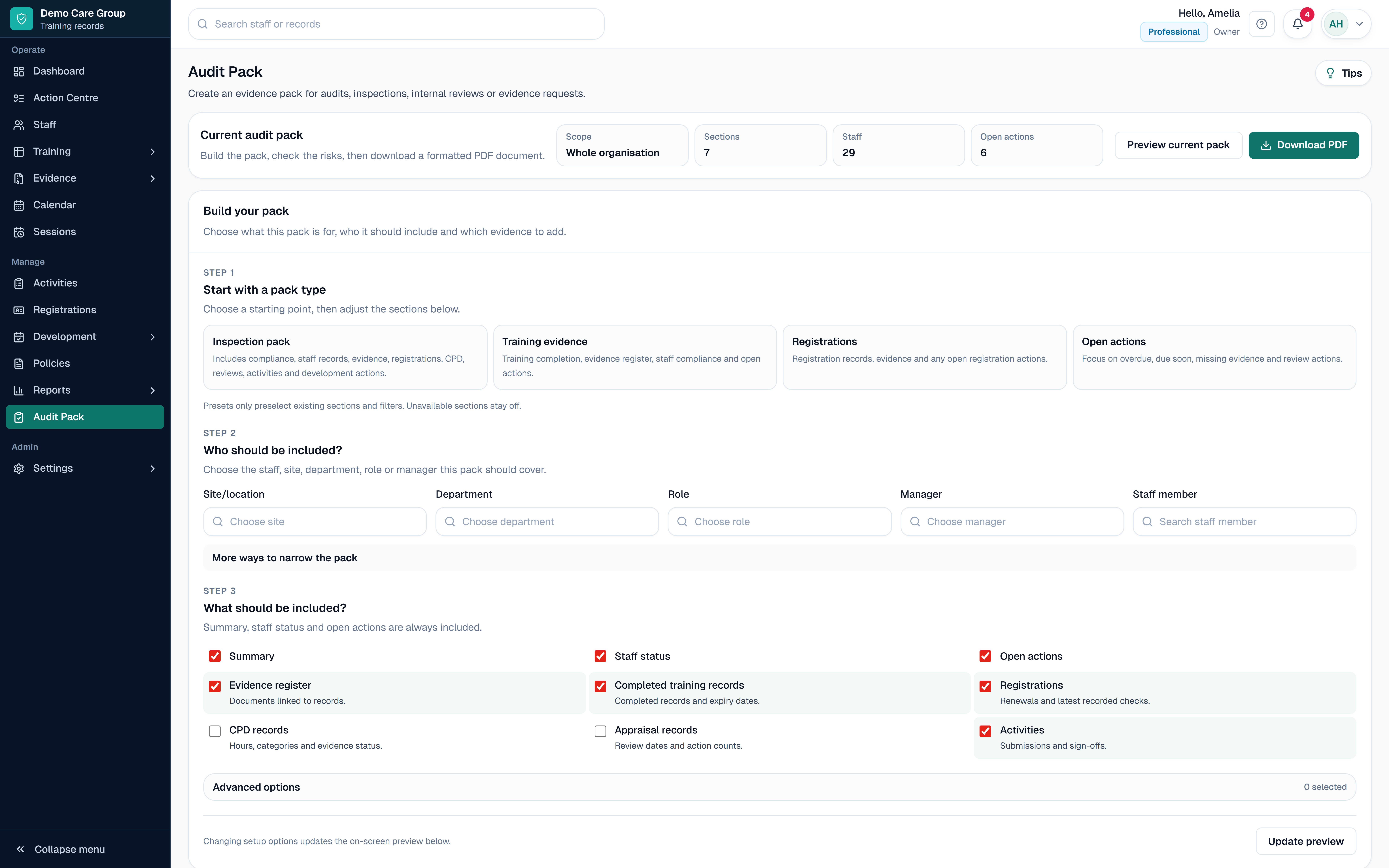 SkillProof Audit Pack preview showing staff in scope, included sections and export options.